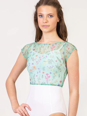 Garden Party Printed Mesh Cap Sleeve Top