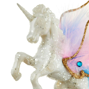 WHITE UNICORN WITH PINK/BLUE FEATHER ORNAMENT