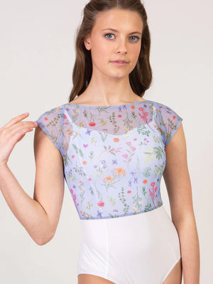 Garden Party Printed Mesh Cap Sleeve Top