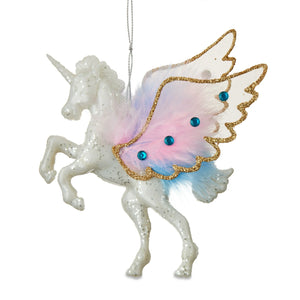 WHITE UNICORN WITH PINK/BLUE FEATHER ORNAMENT